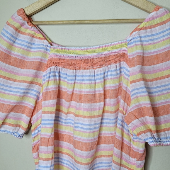 Talbots 100% Linen Palm Stripe Top Sz L Smocked Square Neck Short Sleeve Preppy - Picture 3 of 7